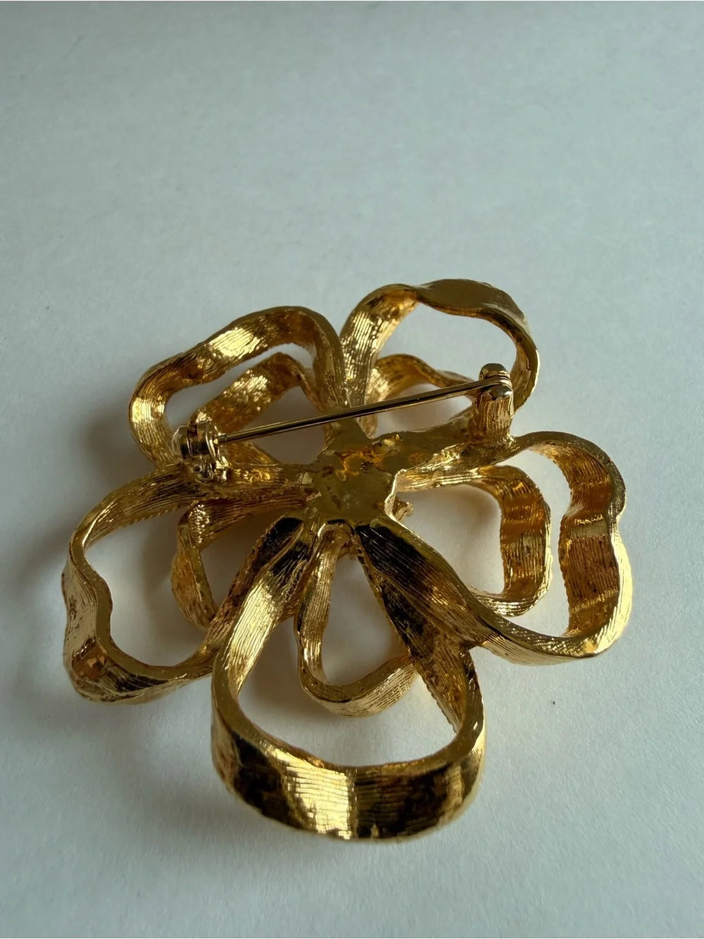 Vintage BSK Gold Ribbon Flower Brooch Faux Pearl Pin